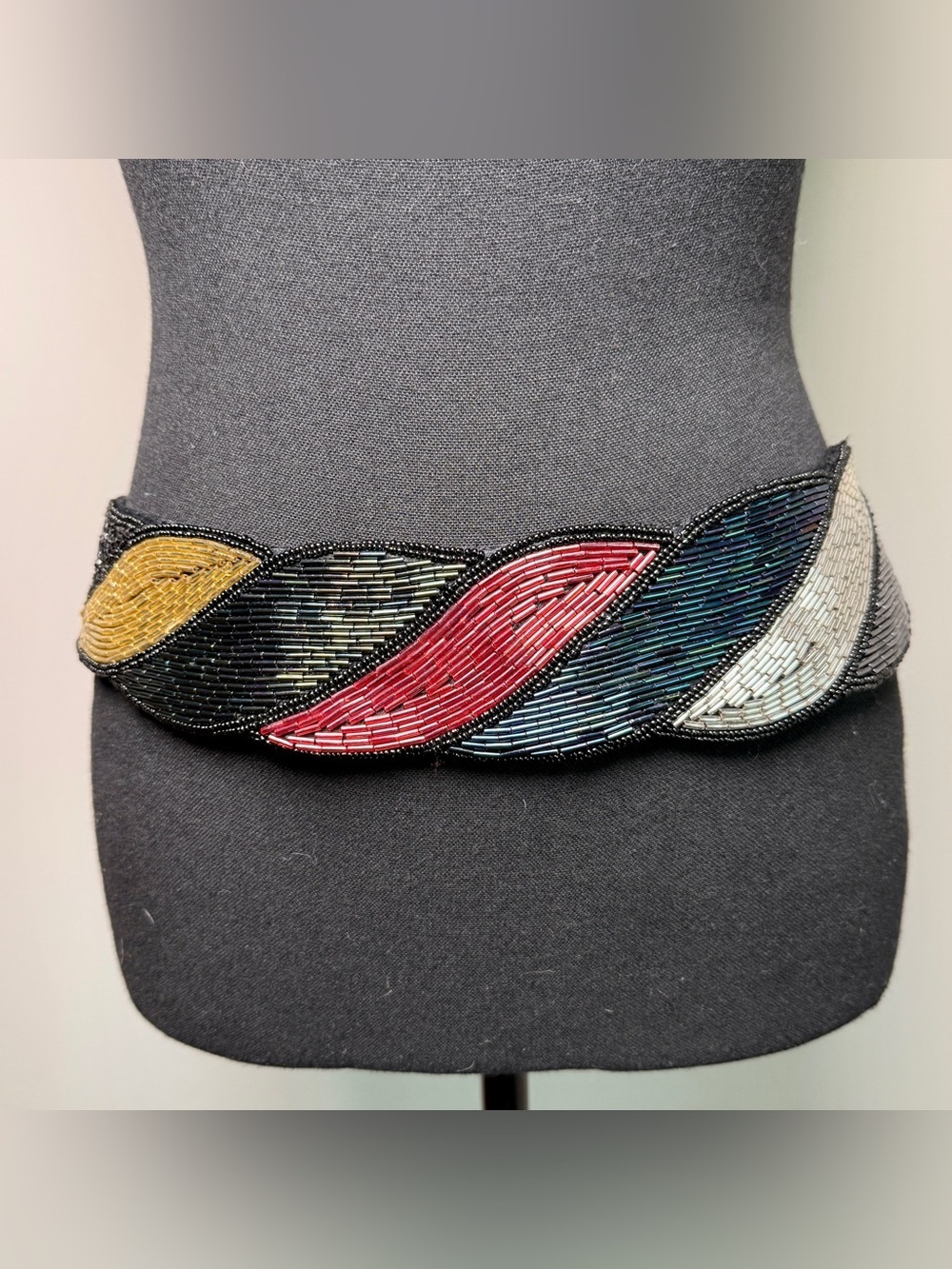 Vintage Beaded Wide Waist Belt Multicolor Bugle Bead Cincher 80s Maximalist L